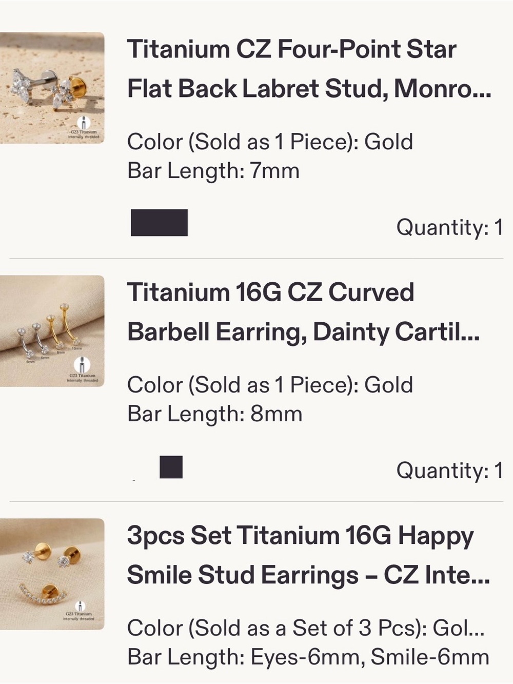 Titanium CZ internal threaded jewelry 5 pieces